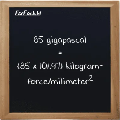 How to convert gigapascal to kilogram-force/milimeter<sup>2</sup>: 85 gigapascal (GPa) is equivalent to 85 times 101.97 kilogram-force/milimeter<sup>2</sup> (kgf/mm<sup>2</sup>)